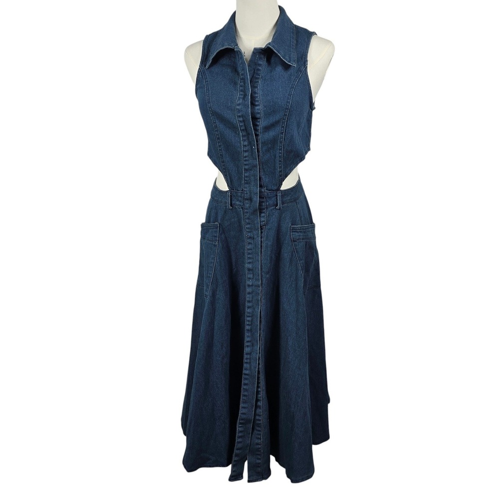 MYLOVE Women Sleeveless Midi Dress XXS? Dark Wash Denim Side Cutout Button Front